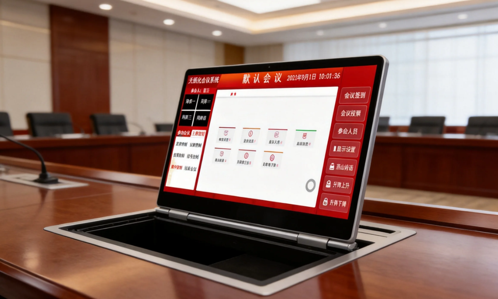 超薄升降器,无纸化会议系统,智能升降终端,会议一体机,隐藏式显示器,升降式电脑,智慧会议室硬件,会议中控系统,电动升降屏,触摸屏升降器,国产化会议终端
